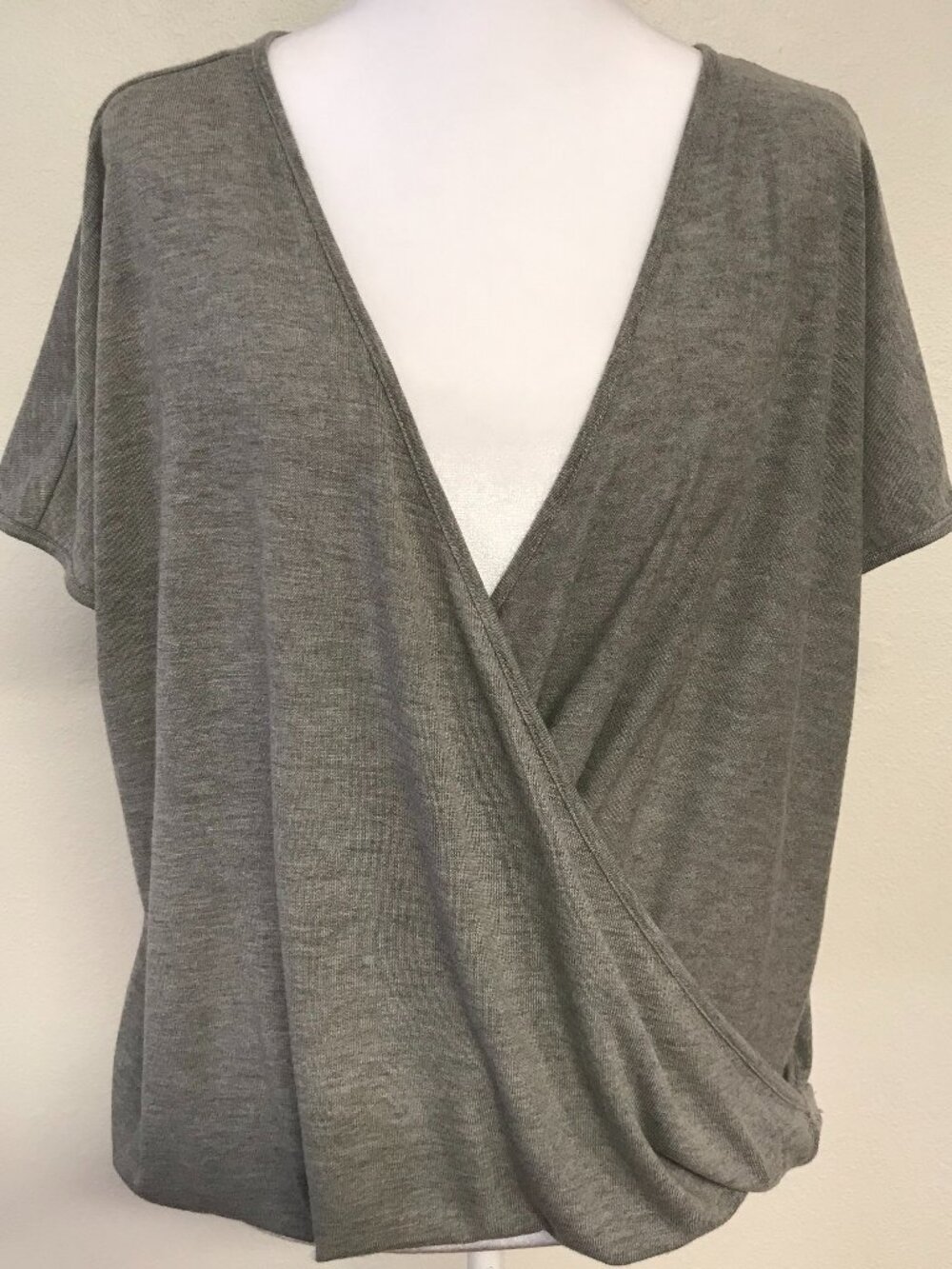 Cupio Gray Surplice Wrap Top S Draped Soft Stretch Knit Blouse